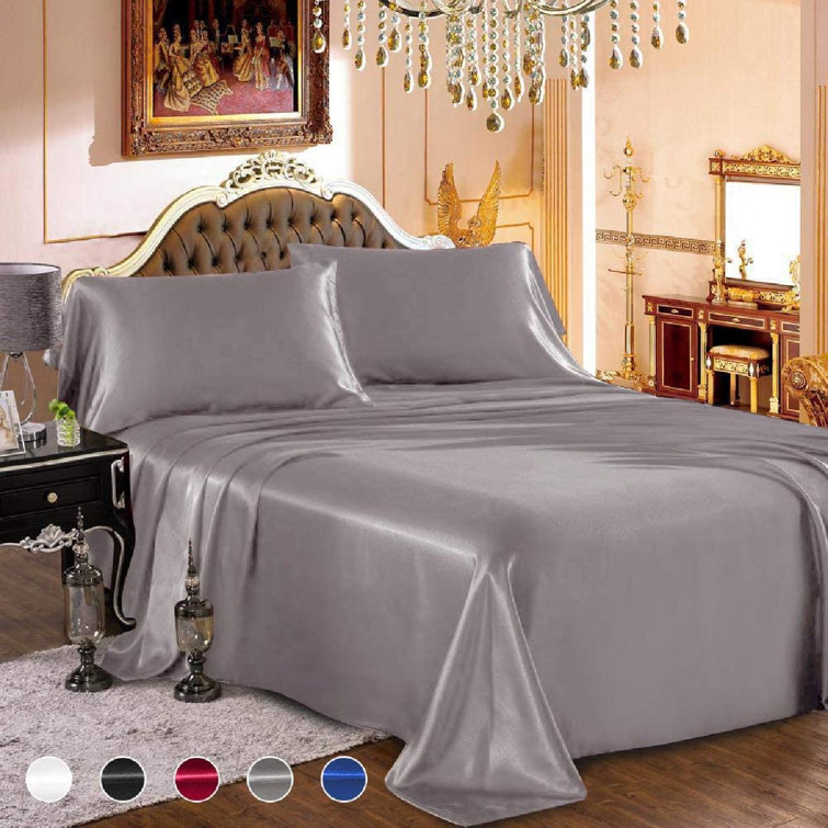 Latitude Run® Satin Sheets King Size Grey Satin Bed Sheet Set 16" Deep